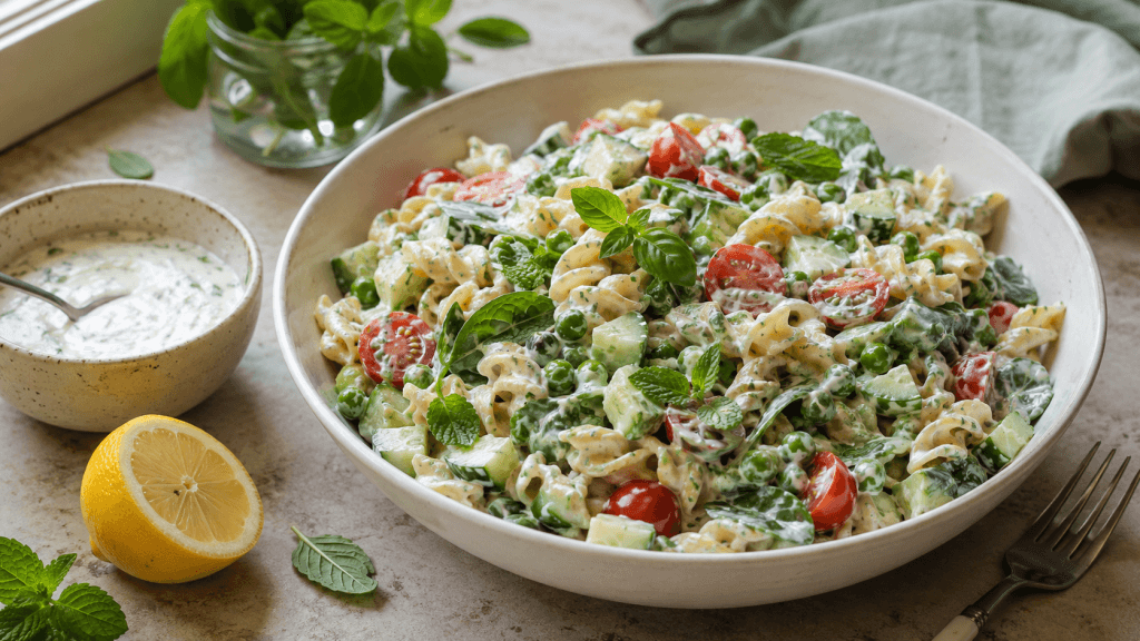 Nudelsalat mit Joghurt-Dressing, Gurke, Erbsen, Tomaten und frischen Kräutern