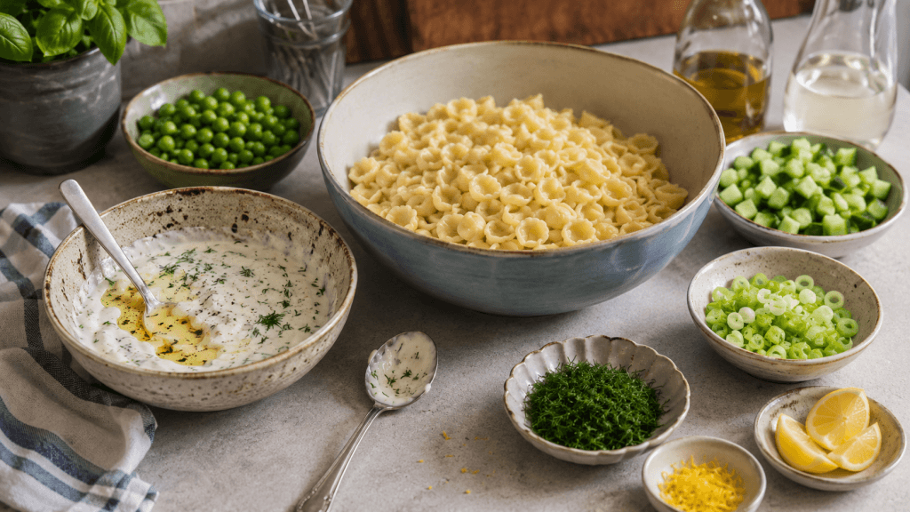 Nudelsalat nach Jamie-Oliver-Art mit Joghurt-Dressing, Pasta, Erbsen, Gurke und frischen Kräutern