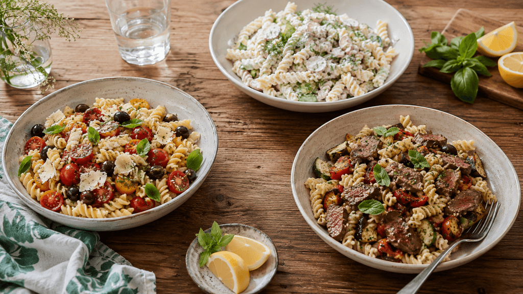 Drei Nudelsalat-Rezepte mit klassischer, cremiger und warmer Lamm-Variante