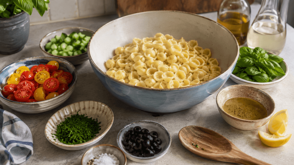 Jamie Oliver Nudelsalat Originalrezept in Vorbereitung mit Pasta, Tomaten, Oliven und Basilikum
