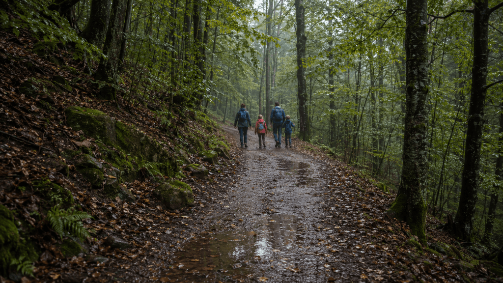 Familie wandert bei Regen auf einem nassen Waldweg im Odenwald