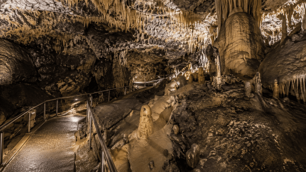 Beleuchtete Tropfsteine in der Eberstadter Tropfsteinhöhle