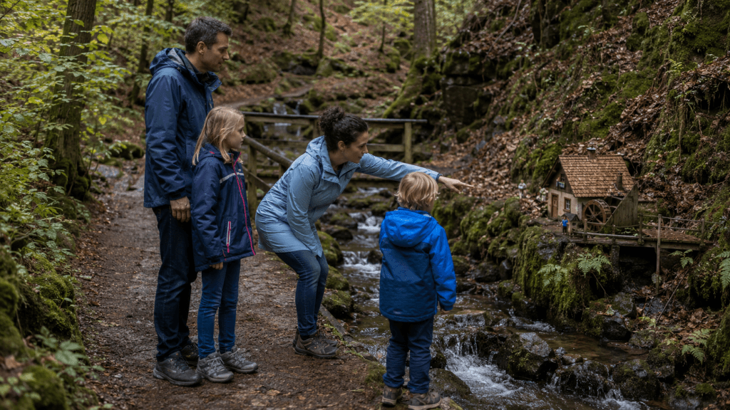 Familie entdeckt die Obrunnschlucht bei Höchst im Odenwald mit Kindern