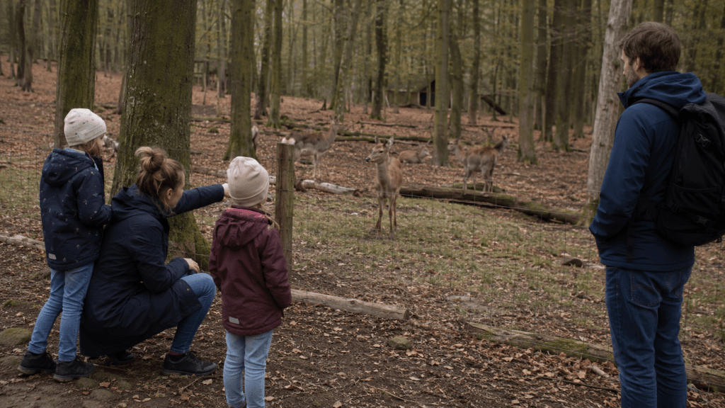 Kinder beobachten Rehe im Wildpark Brudergrund bei Erbach im Odenwald