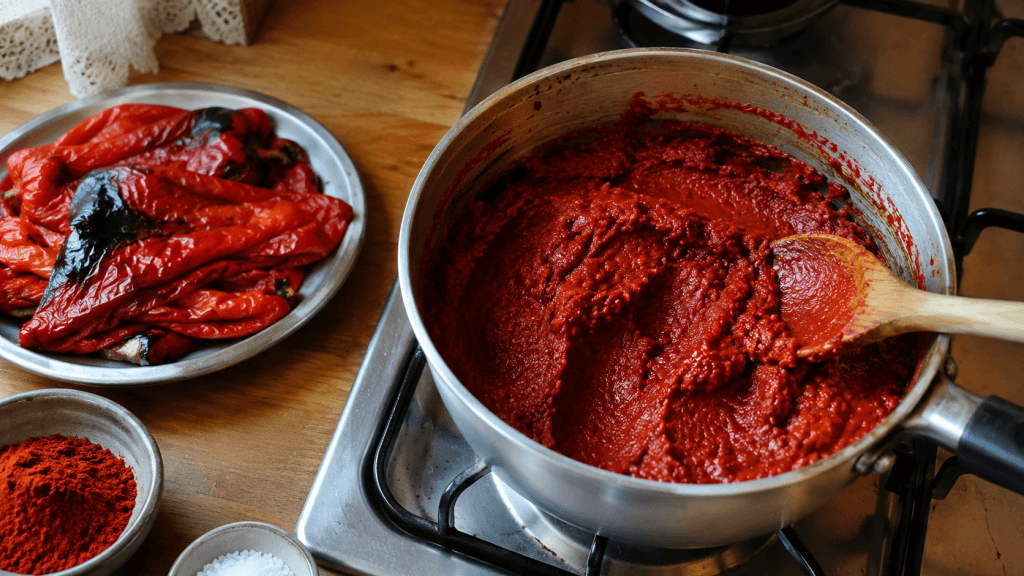 Milde ungarische Paprikapaste beim Einkochen im Topf