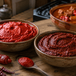 Ungarische Paprikapaste mild und scharf mit Gulasch im Hintergrund