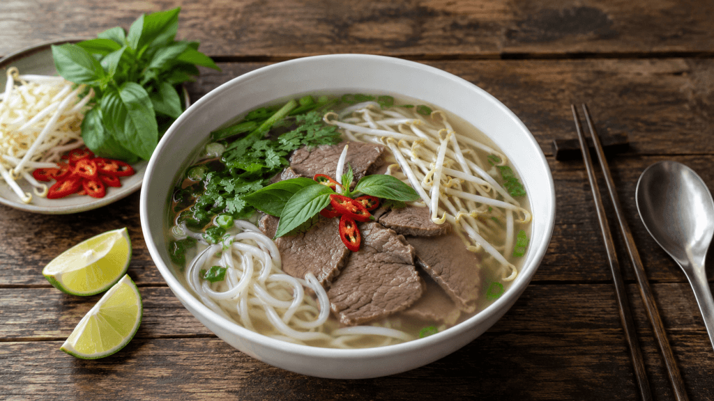 Leichte Pho Bo mit klarer Brühe, Reisnudeln, Rindfleisch, Chili und Kräutern
