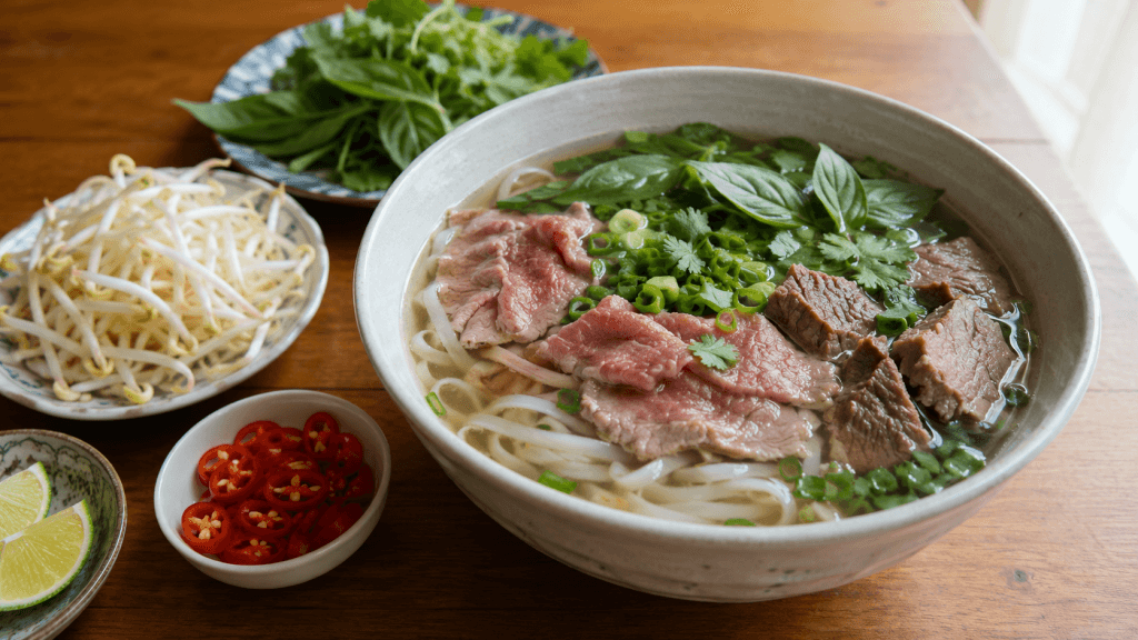 Klassische Pho Bo mit Reisnudeln, Rindfleisch, Kräutern und klarer Brühe als Beispiel für den Unterschied zwischen Pho und Ramen.