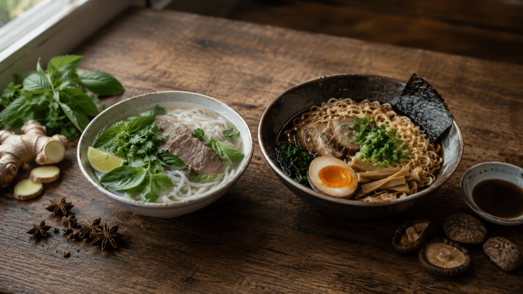 Geschmacklicher Unterschied zwischen Pho und Ramen mit Aroma und Umami