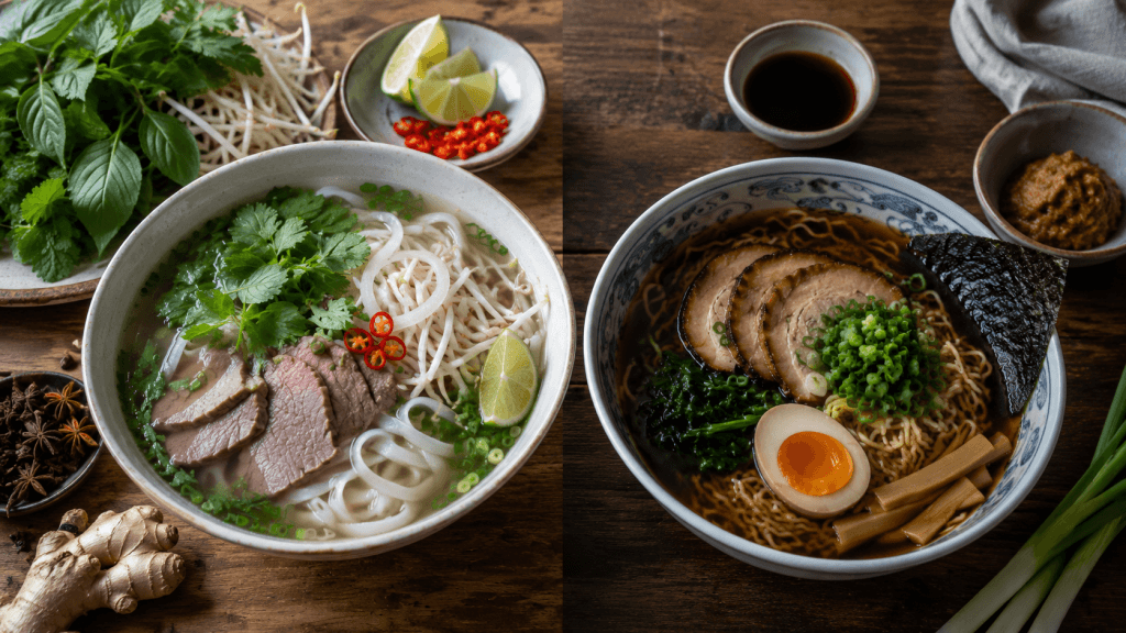 Unterschied zwischen Pho und Ramen bei Brühe, Nudeln und Toppings