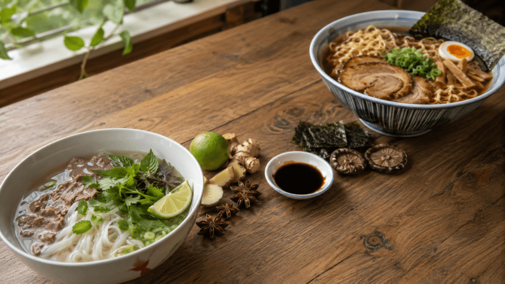 Zwei Schalen Pho und Ramen zeigen den Unterschied bei Brühe, Nudeln, Kräutern und Toppings.