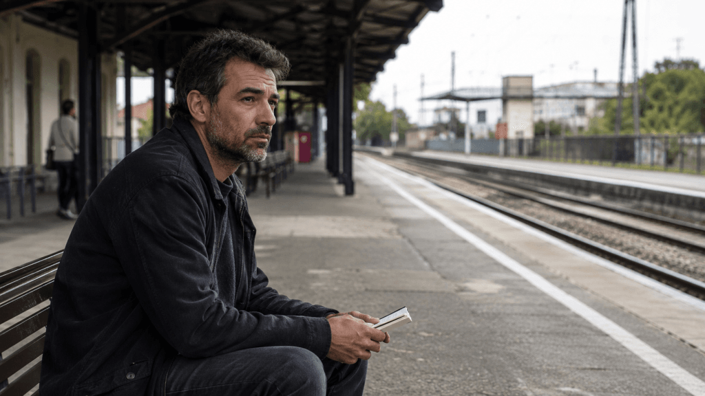 Nachdenklicher Mann sitzt mit Notizbuch auf einer Bank am Bahnsteig
