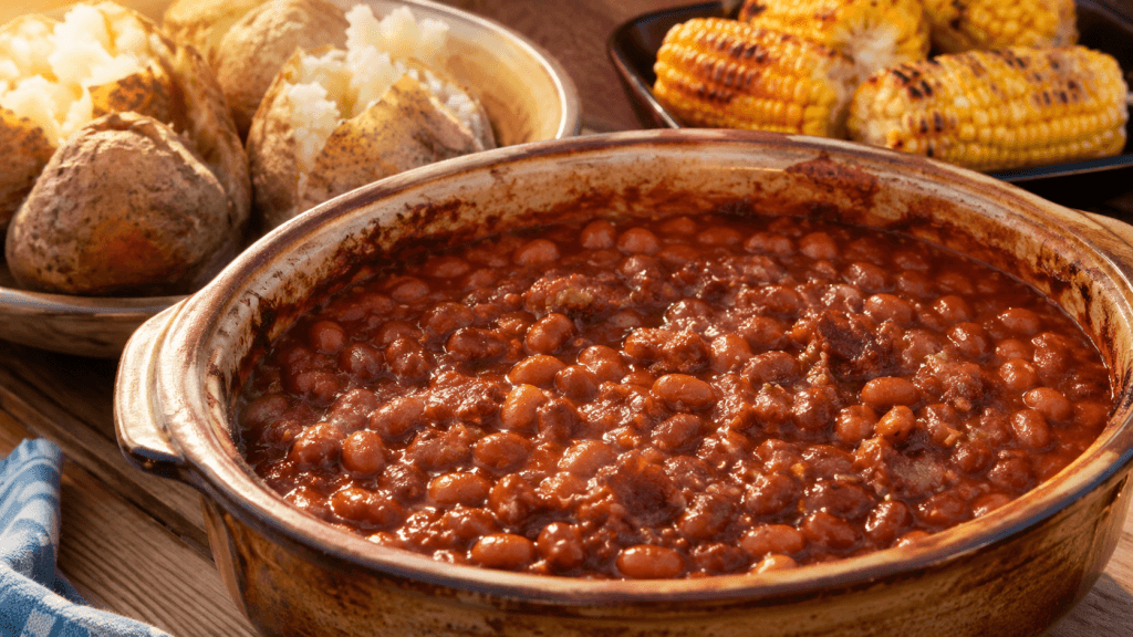 BBQ-Baked-Beans mit Mais und gebackenen Kartoffeln

