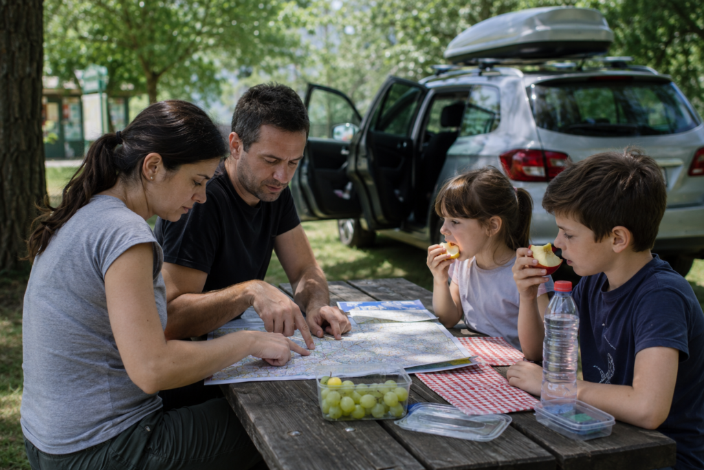 Eltern planen die Route, während Kinder bei einer Autoreise essen