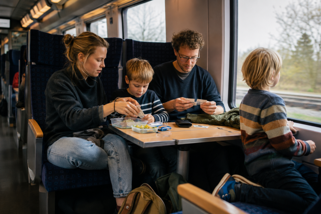 Eltern und Kinder unterwegs im Zug während einer Familienreise
