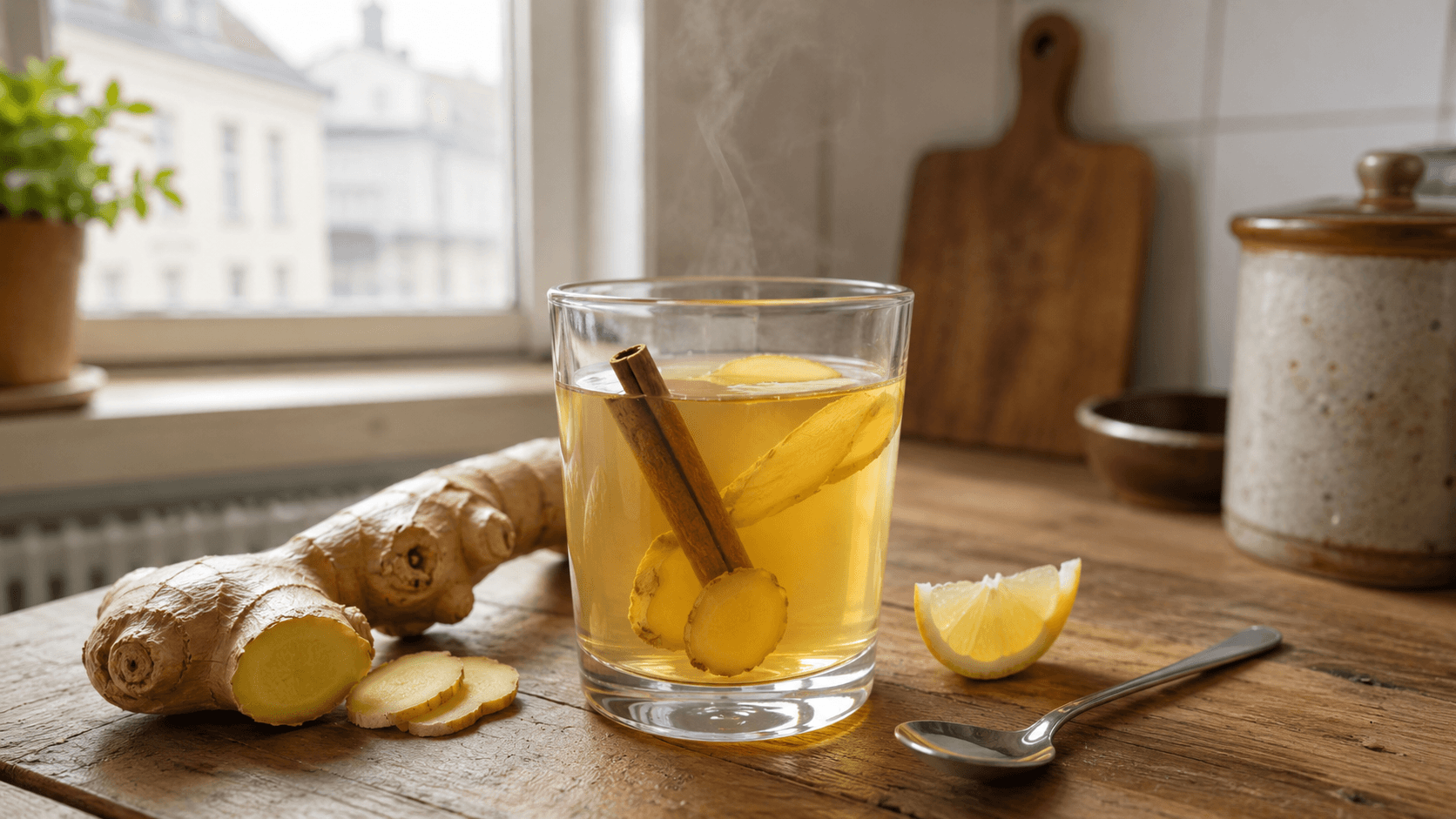 Rezept Ingwer und Zimt zum Abnehmen mit frischem Ingwer, Zitrone und Zimt im Glas