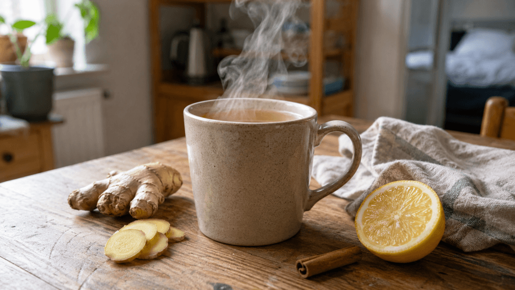 Warmer Ingwertee mit Zimt und Zitrone auf dem Küchentisch