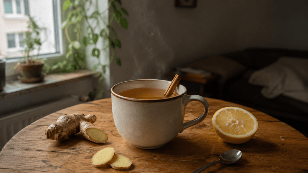 Warmer Ingwer-Zimt-Drink in einer Keramiktasse mit Zitrone und frischem Ingwer