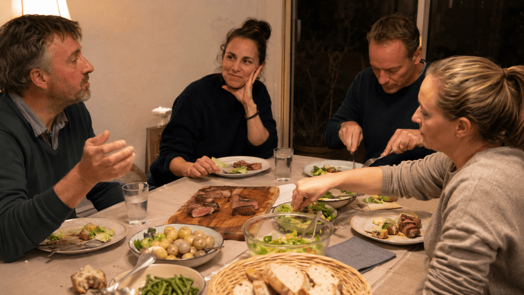 Rib-Eye-Steak auf dem Esstisch mit teilweise gegessenen Beilagen