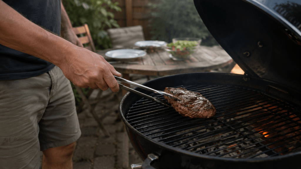 Rib-Eye-Steak grillen im Garten auf kleiner Terrasse