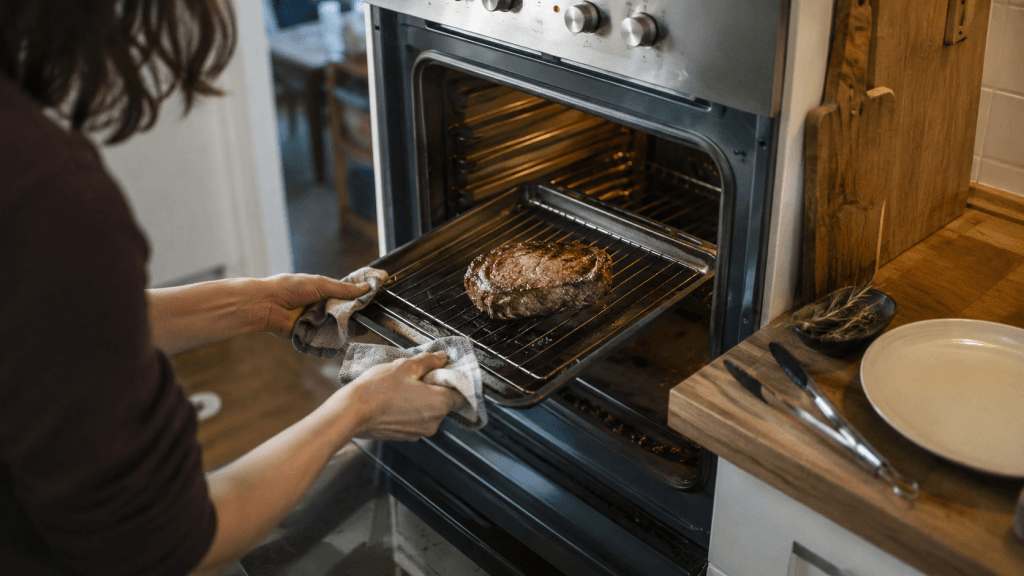 Rib-Eye-Steak beim Garen im Ofen in einer heimischen Küche
