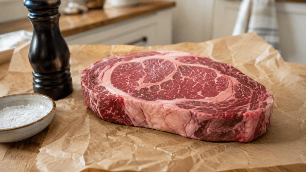 Rohes Rib-Eye-Steak mit sichtbarer Marmorierung und Fettauge