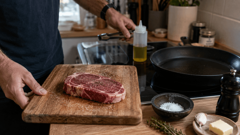 Rib-Eye-Steak vor dem Braten auf einem Schneidebrett in einer Küche