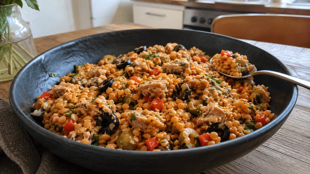 Roter Linsensalat mit Thunfisch, Oliven, Paprika und Zitronen auf einem Holztisch