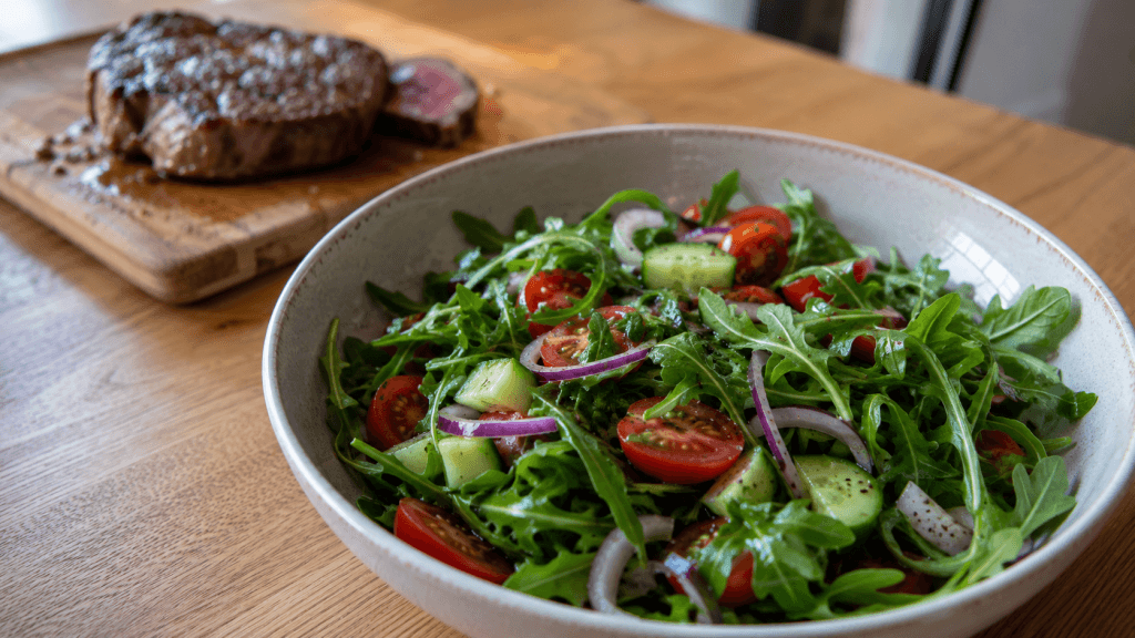 Frischer Rucola-Gurken-Salat in einer Keramikschüssel, Steak im Hintergrund