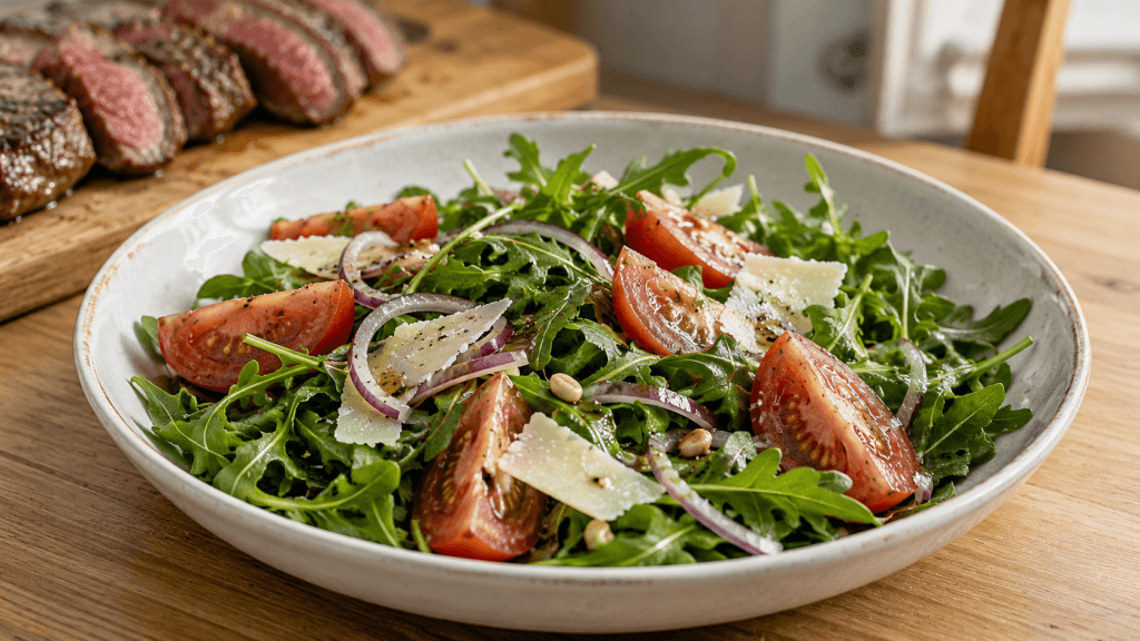 Rucola Tomaten Salat zum Steak mit Parmesan und roten Zwiebeln