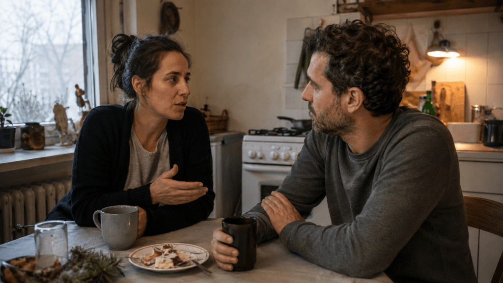Frau und Mann sprechen am Küchentisch über Rückblick und Neubeginn zum Jahreswechsel