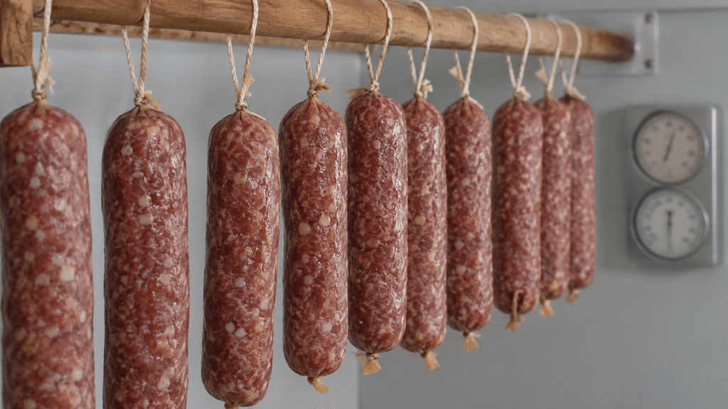 Frische Salami-Stangen fermentieren bei kontrollierter Temperatur und Feuchtigkeit