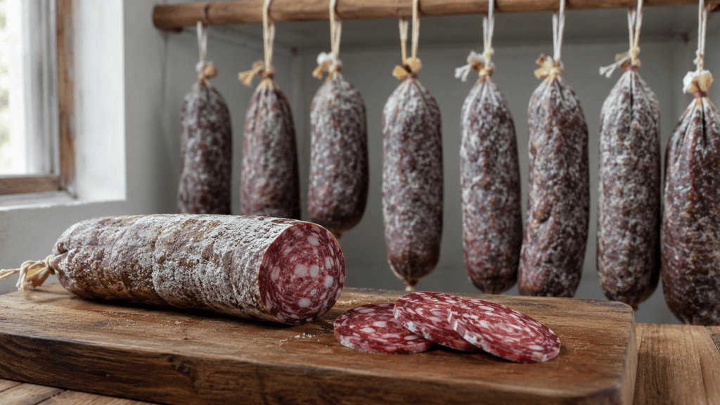 Fertig gereifte Salami auf einem Holzbrett mit einigen frischen Scheiben