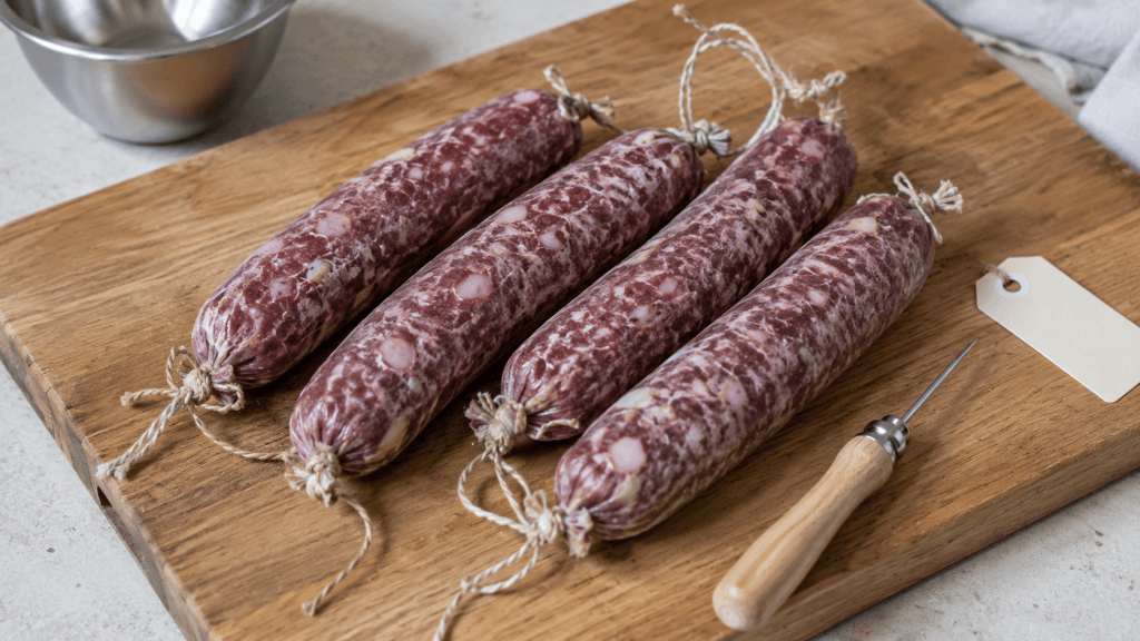 Gefüllte Salami vor der Fermentation mit Naturdarm und Küchengarn