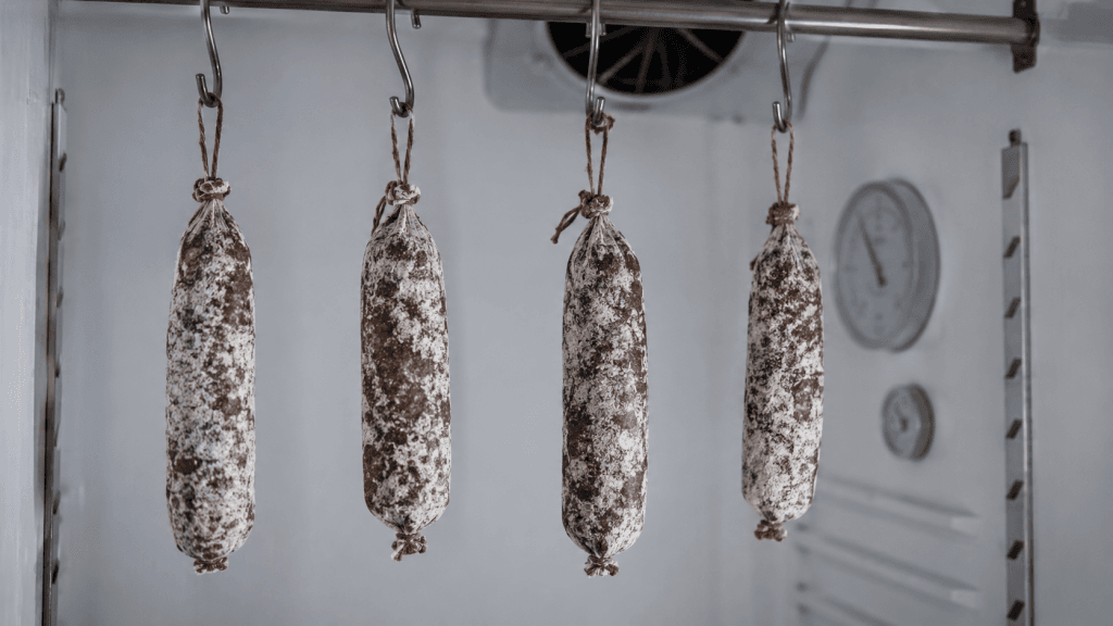 Salami reifen lassen in sauberer Reifekammer mit kontrollierter Trocknung