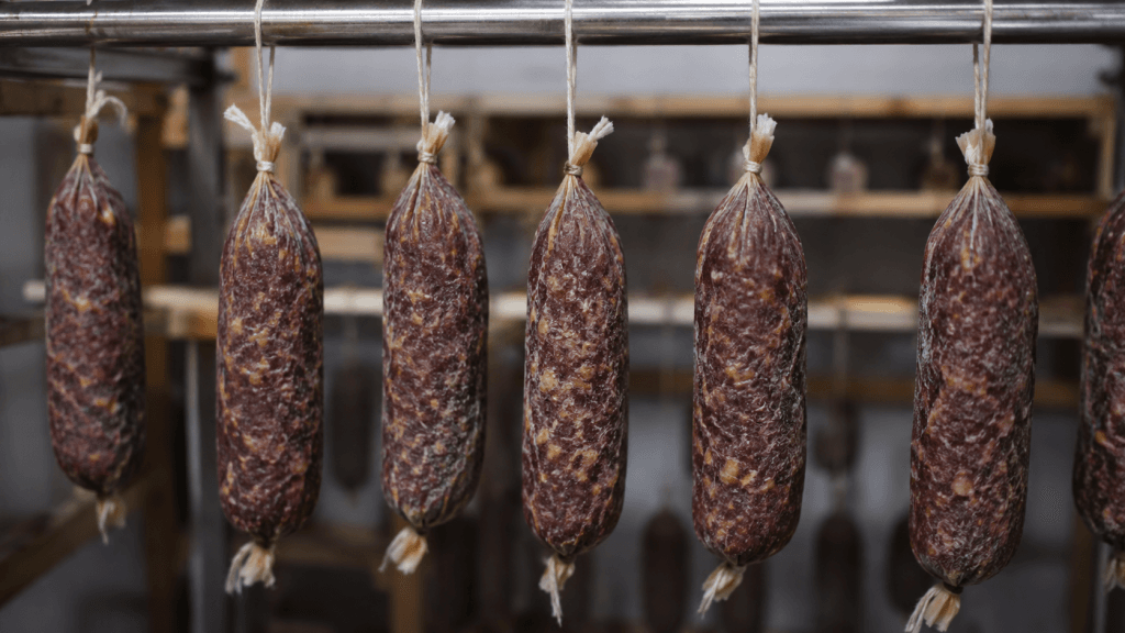 Hausgemachte italienische Salami hängt zur sicheren Reifung in einer sauberen Reifekammer.