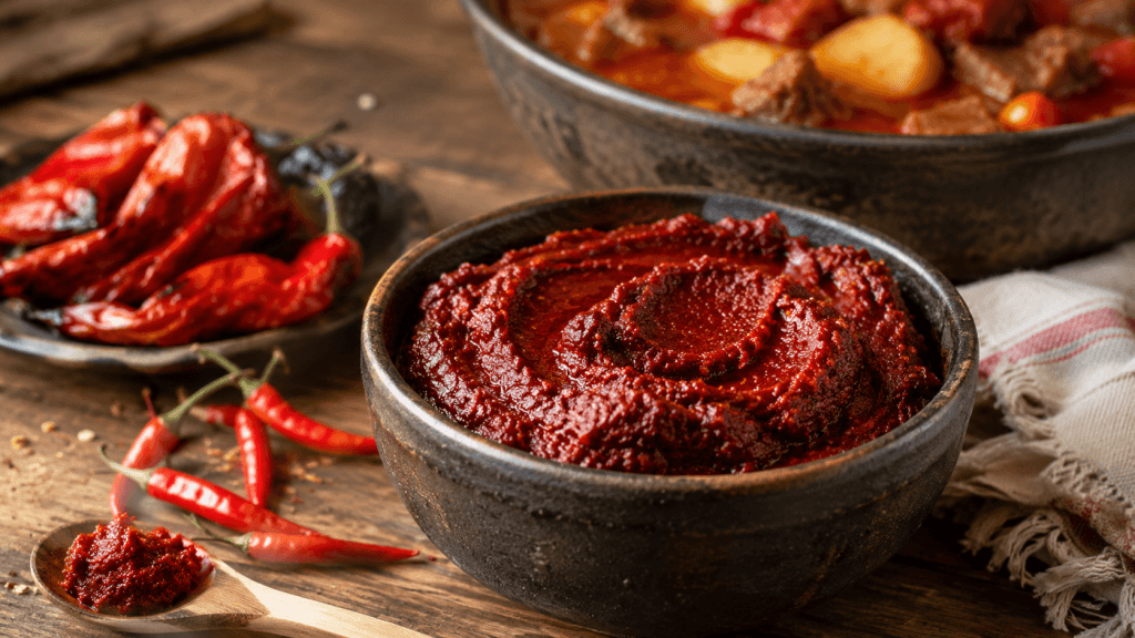 Scharfe ungarische Paprikapaste für Gulasch mit roten Chilis