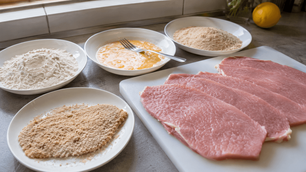 Schweinerücken Schnitzel panieren mit Mehl, Ei und Semmelbröseln