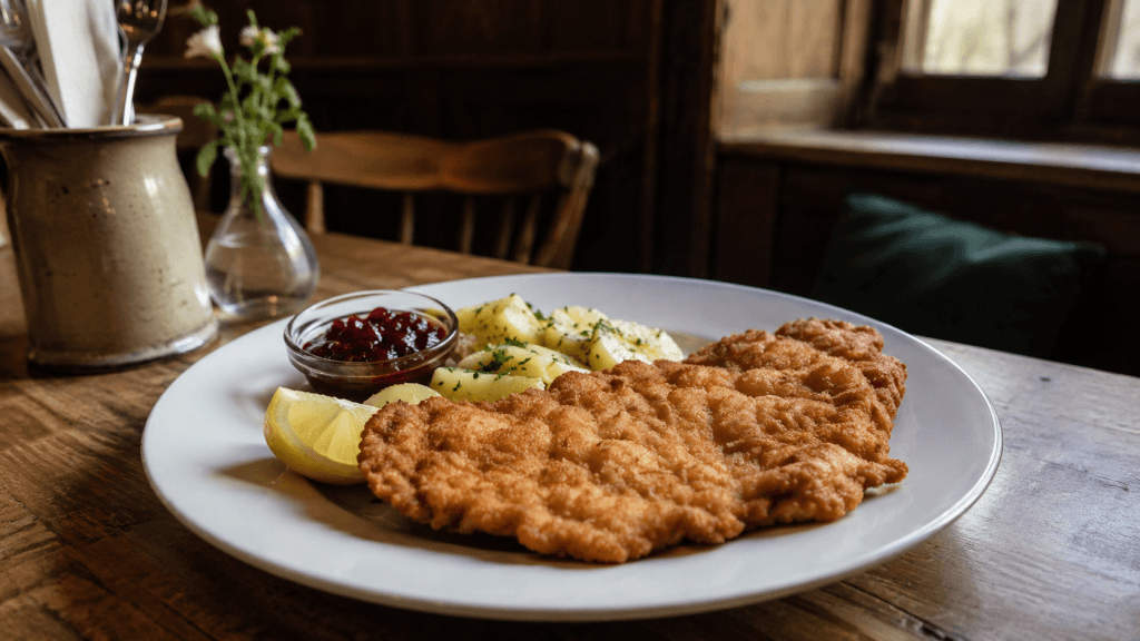Schnitzel Wiener Art mit Petersilienkartoffeln Zitrone und Preiselbeeren
