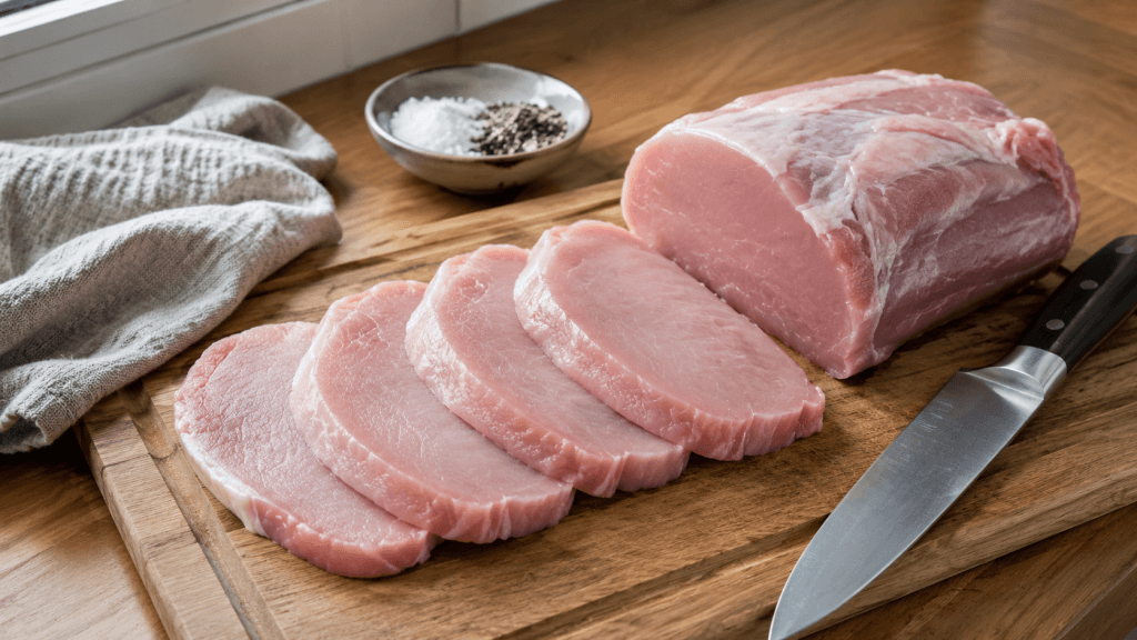 Schweinerücken schneiden für Schnitzel mit rohen Scheiben auf Holzbrett