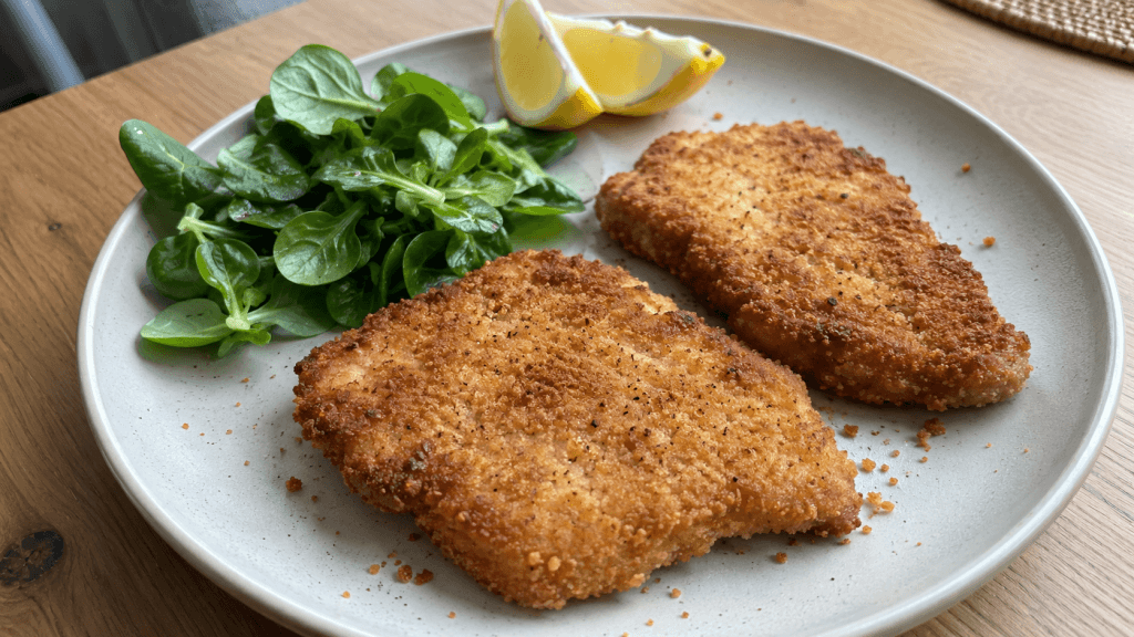 Schweinerücken Schnitzel aus dem Ofen mit Salat und Zitrone