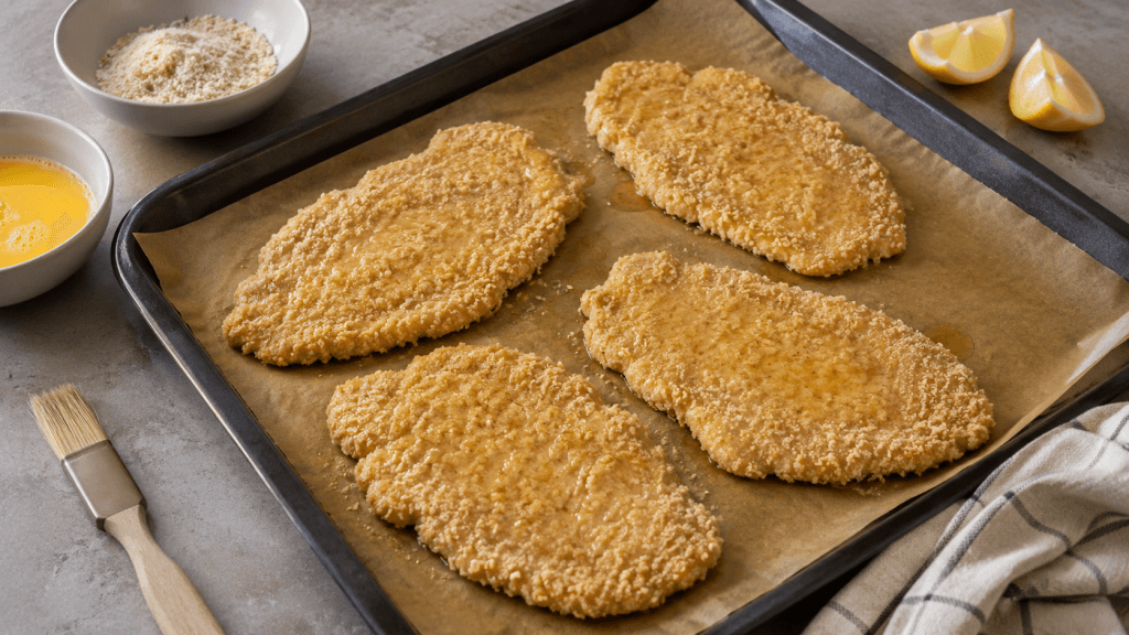 Schweinerücken Schnitzel für den Ofen auf Backblech vorbereiten
