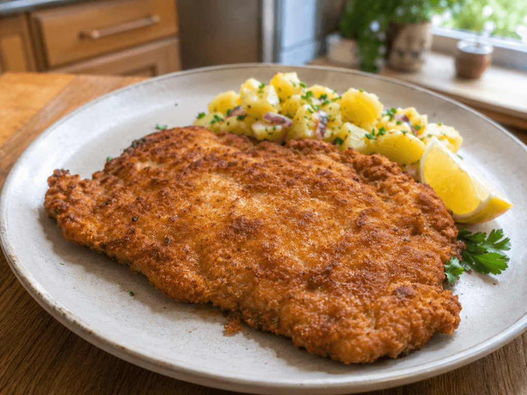 Klassisches Schweinerücken Schnitzel mit Kartoffelsalat und Zitrone auf einem Teller
