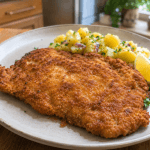 Klassisches Schweinerücken Schnitzel mit Kartoffelsalat und Zitrone auf einem Teller