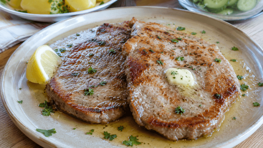 Schweinerücken Schnitzel ohne Panade mit Butter, Zitrone und Petersilie