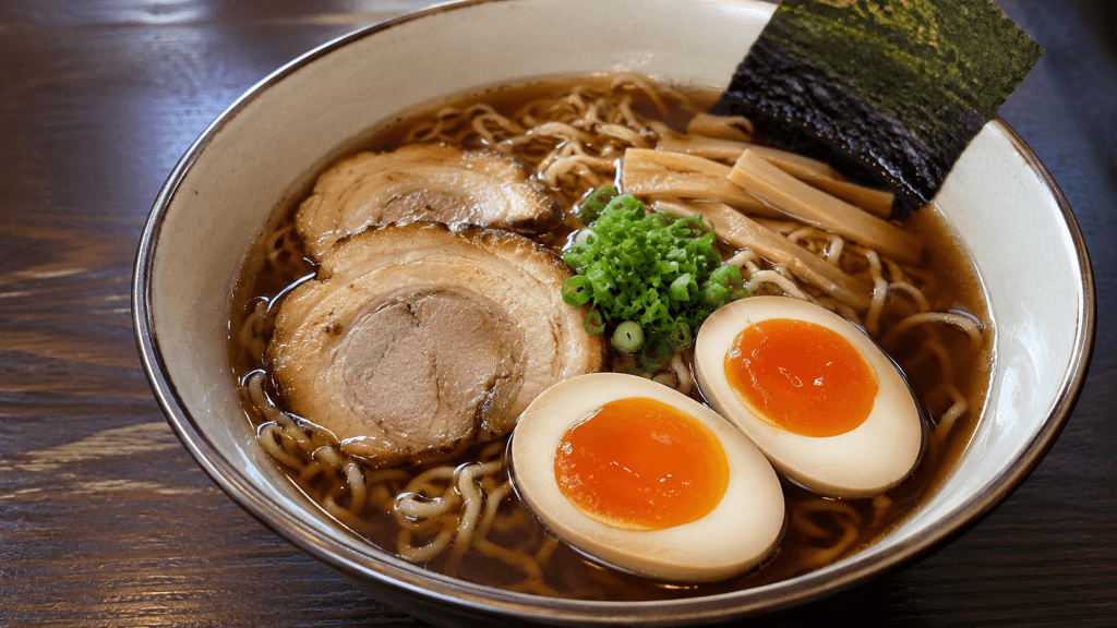 Klassische Shoyu Ramen mit dunkler Brühe, gelben Weizennudeln, Ei, Chashu, Nori und Frühlingszwiebeln als Vergleich zu Pho.