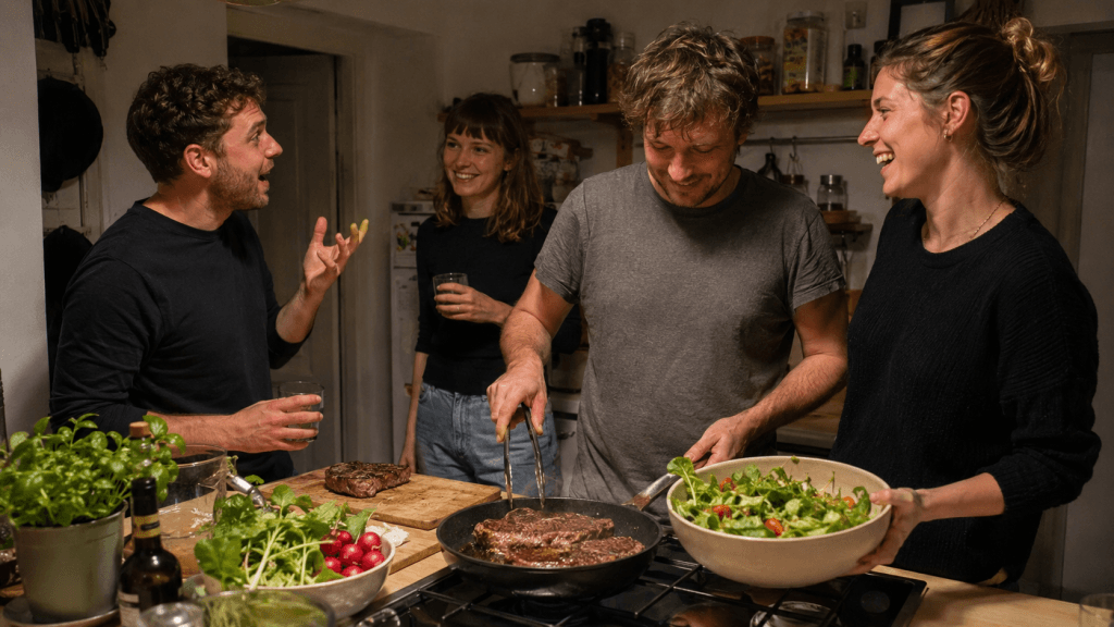 Steak brutzelt in der Pfanne, daneben hält eine Frau frischen Salat