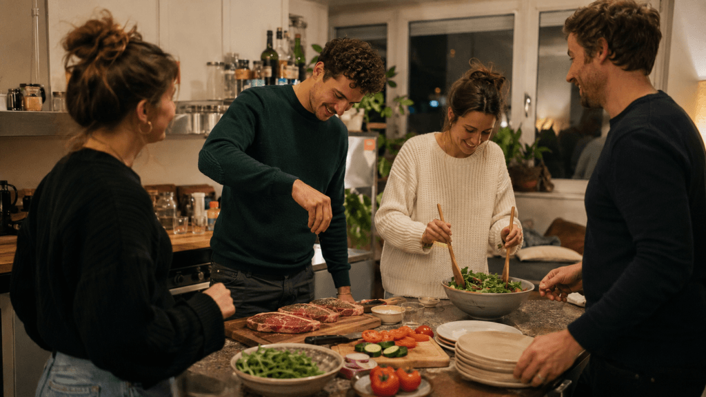 Freunde bereiten Steak und frische Salatzutaten in einer Küche vor