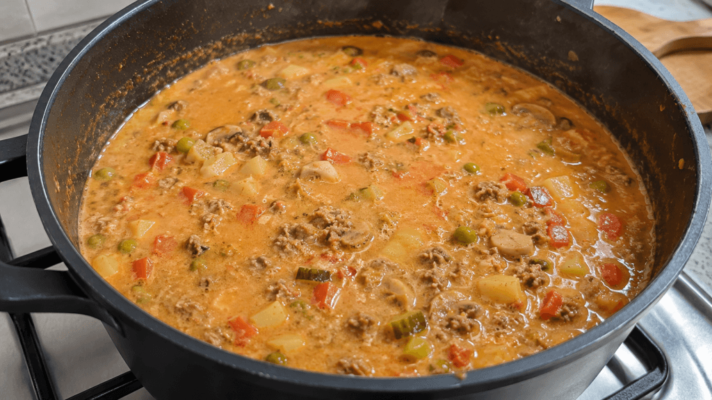 Borsteler Apfelsuppe kocht mit Hackfleisch, Äpfeln, Gurken, Erbsen, Paprika und Pilzen im Topf