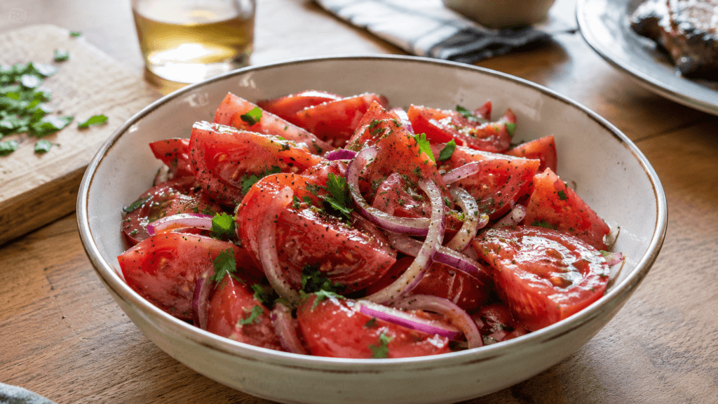 Tomaten-Zwiebel-Salat zum Steak mit Petersilie und Olivenöl